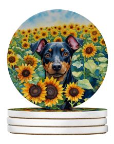 Manchester Terrier in Sunflowers Large Sandstone Coasters Pack of 4 Absorbent Round Coasters Decor Gifts for Men or Women, 4 in, Multicolor