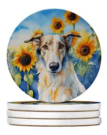 Borzoi in Sunflowers Large Sandstone Coasters Pack of 4 Absorbent Round Coasters Decor Gifts for Men or Women, 4 in, Multicolor