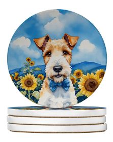 Fox Terrier in Sunflowers Large Sandstone Coasters Pack of 4 Absorbent Round Coasters Decor Gifts for Men or Women, 4 in, Multicolor