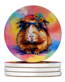 Hippie Animal Guinea Pig Large Sandstone Coasters Pack of 4 Absorbent Round Coasters Decor Gifts for Men or Women, 4 in, Multicolor